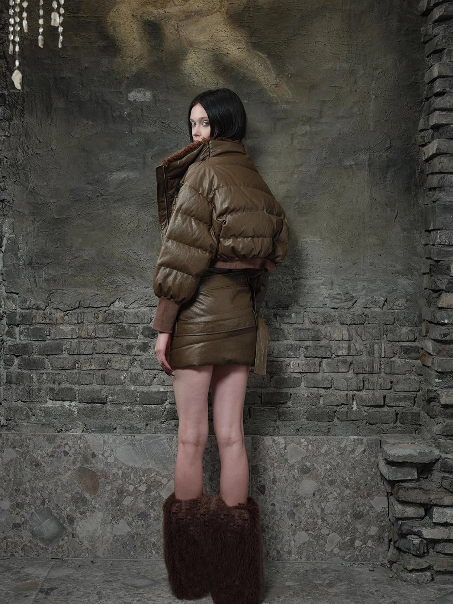 Bread Puffer Jacket Skirt Set Detachable Off Shoulder Warm