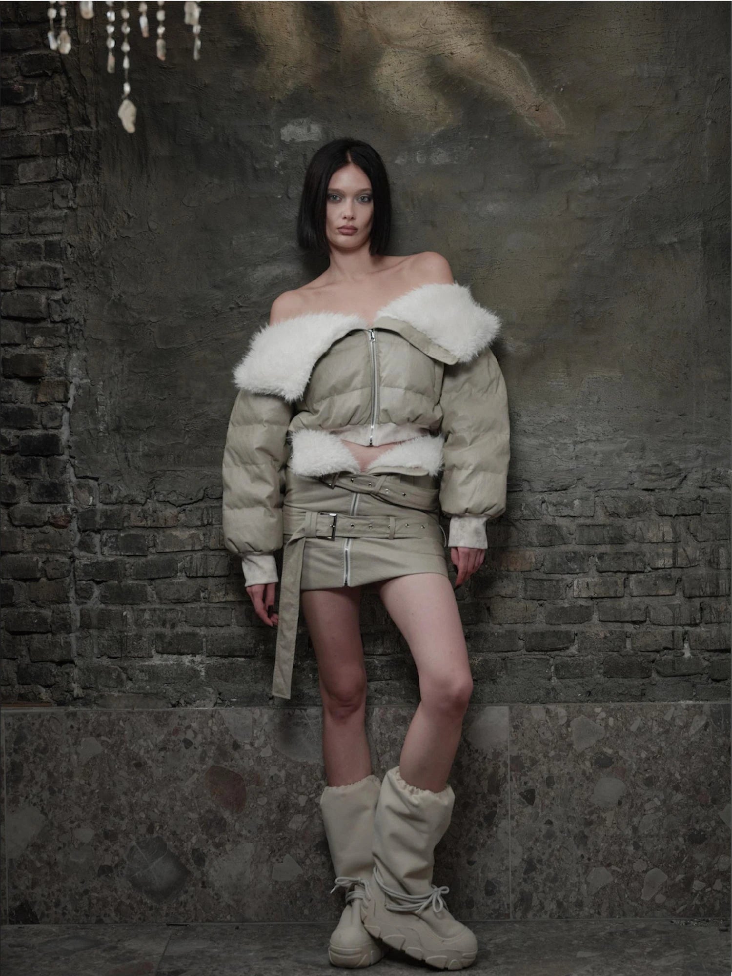 Bread Puffer Jacket Skirt Set Detachable Off Shoulder Warm