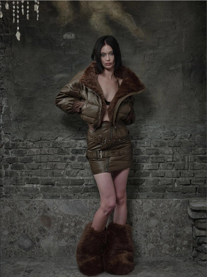 Bread Puffer Jacket Skirt Set Detachable Off Shoulder Warm
