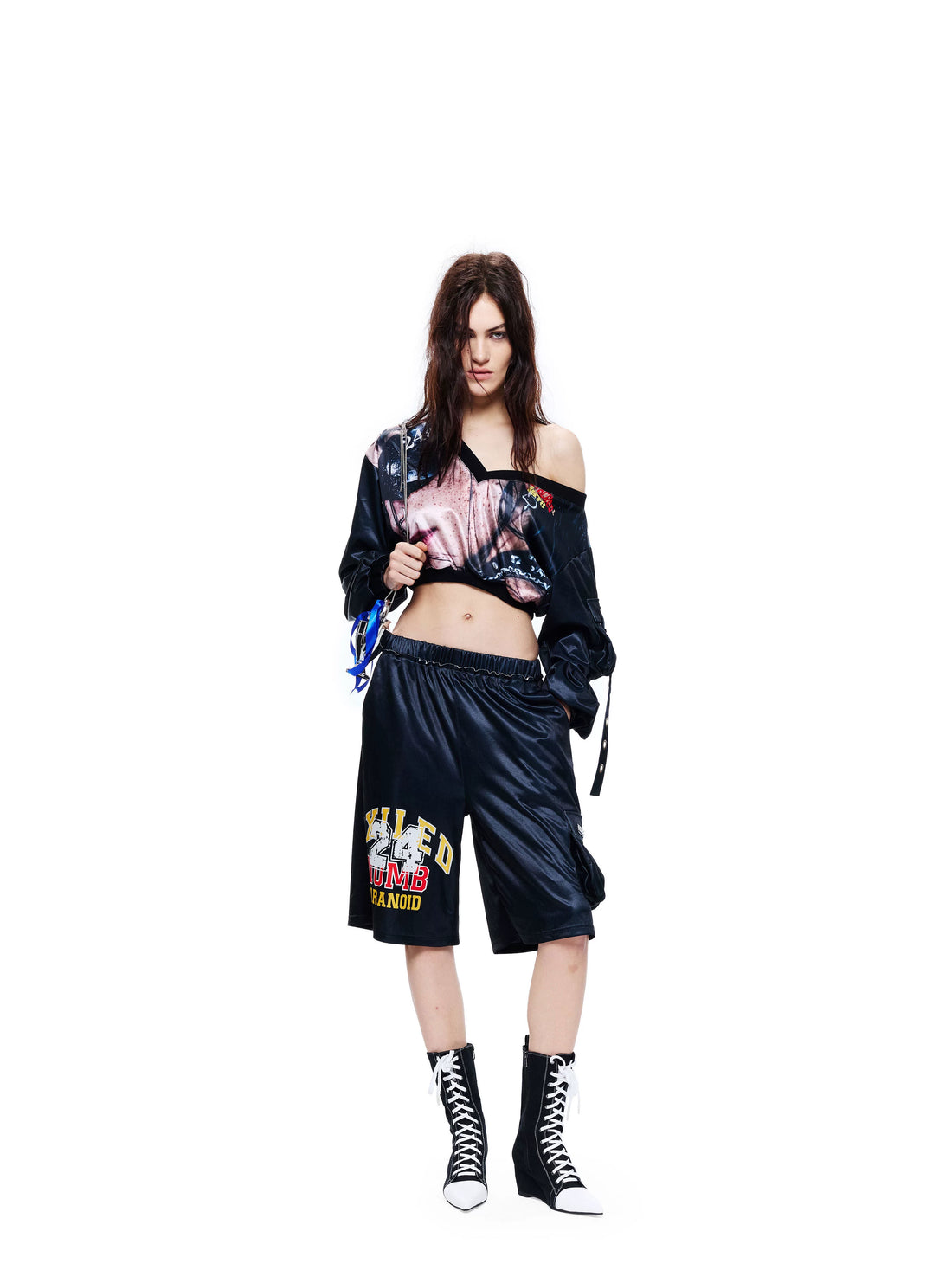 24ans Breathable Mesh Letter Print Long Sleeve Two Piece Casual Top &amp; Shorts Sets-2