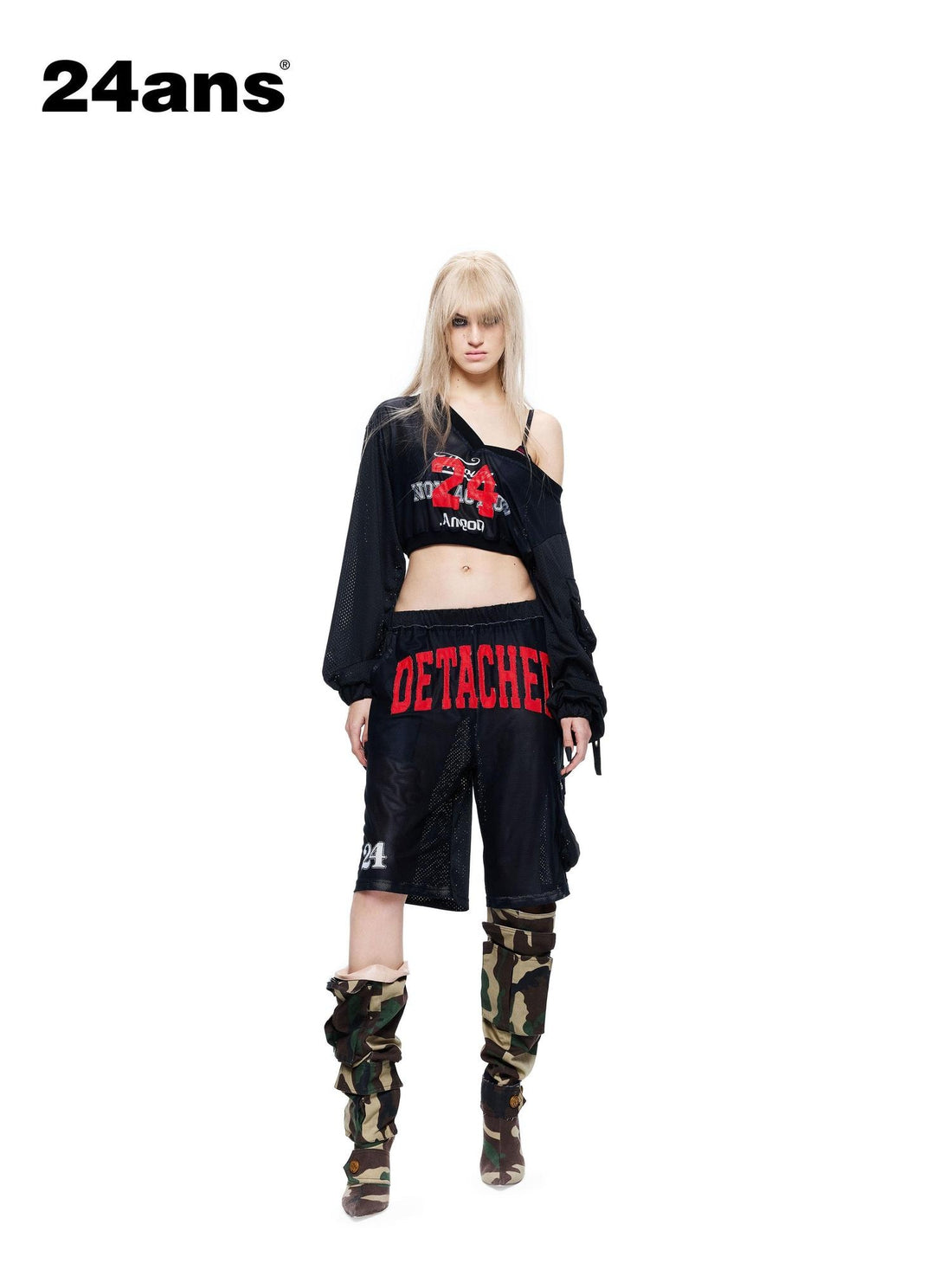 24ans Breathable Mesh Letter Print Long Sleeve Two Piece Casual Top &amp; Shorts Sets