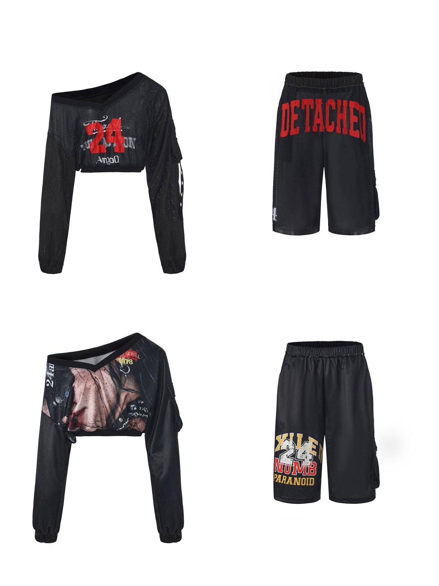 24ans Breathable Mesh Letter Print Long Sleeve Two Piece Casual Top &amp; Shorts Sets