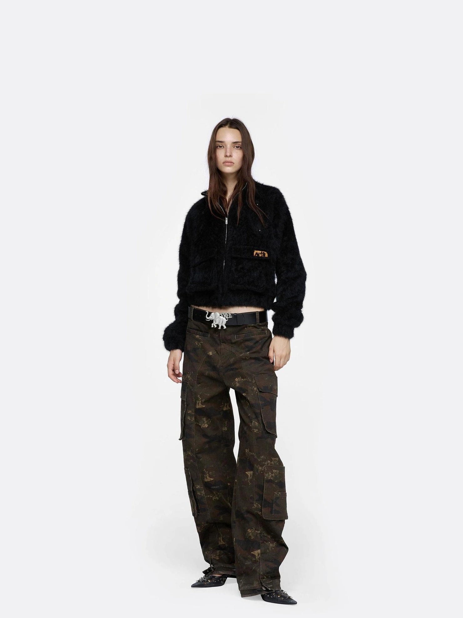 24ans Brown Black Short Plush Zip Up Jacket Jacket