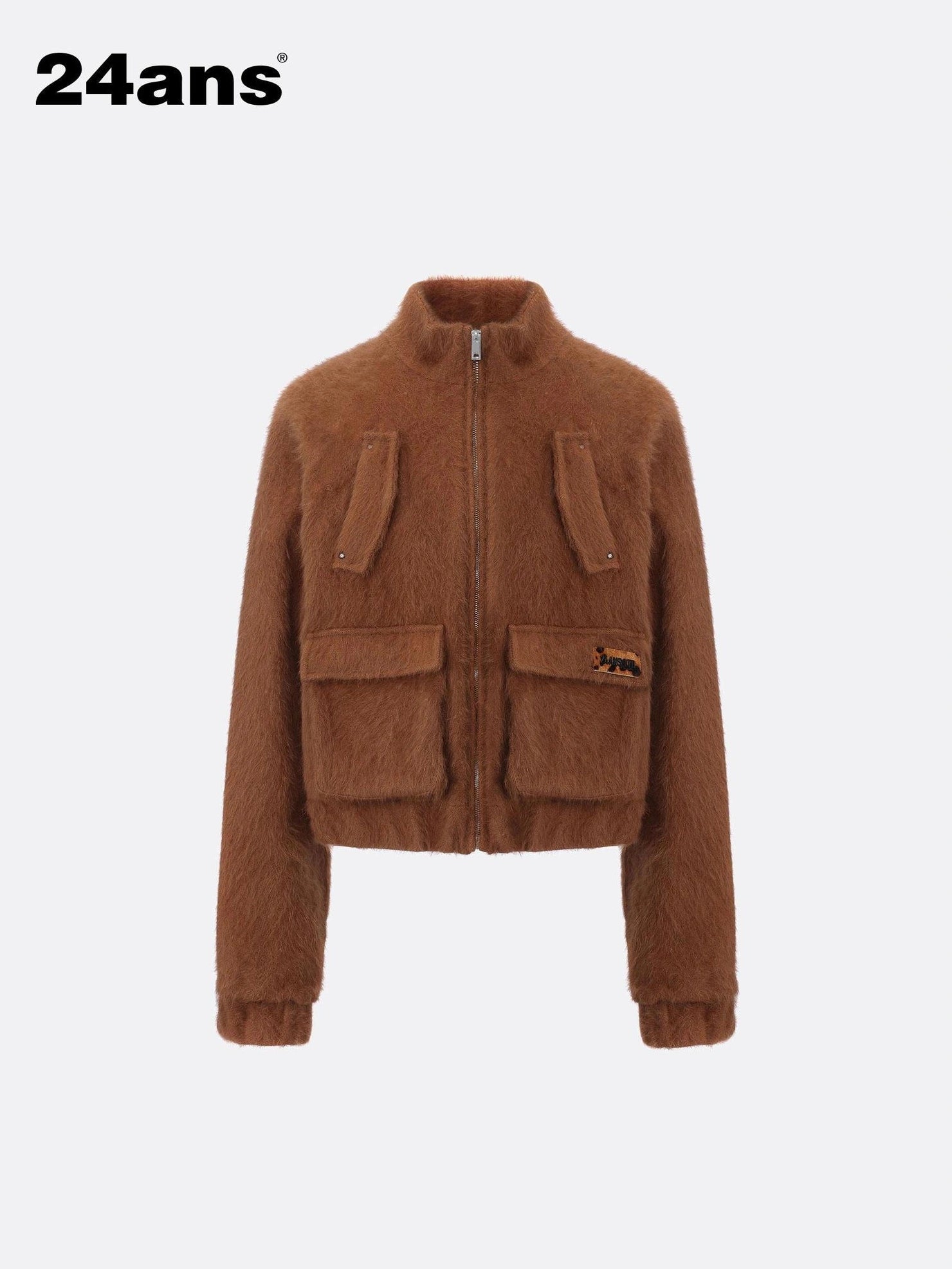 24ans Brown Black Short Plush Zip Up Jacket Jacket