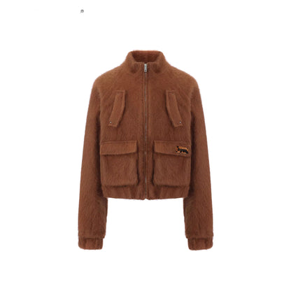 24ans_Brown_Black_Short_Plush_Zip_Up_Jacket_MISSTT