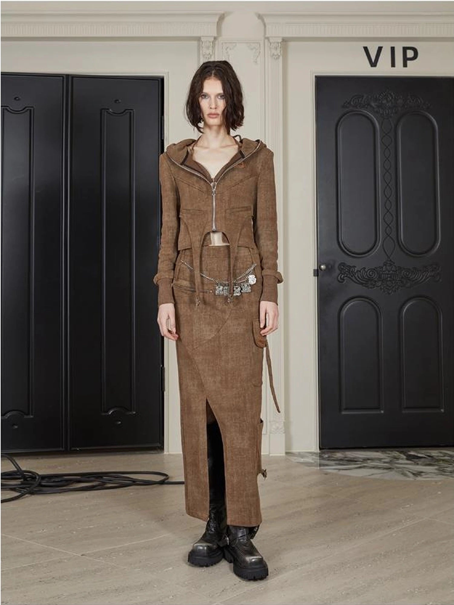 Brown Cotton Blend Hoodie Set 2024 Spring