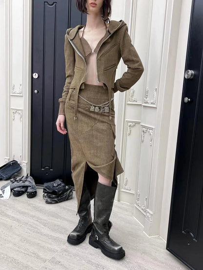Brown Cotton Blend Hoodie Set 2024 Spring
