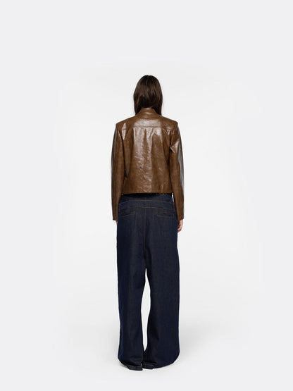 24ans Brown Green Dyed Pu Leather Double Breasted Coat