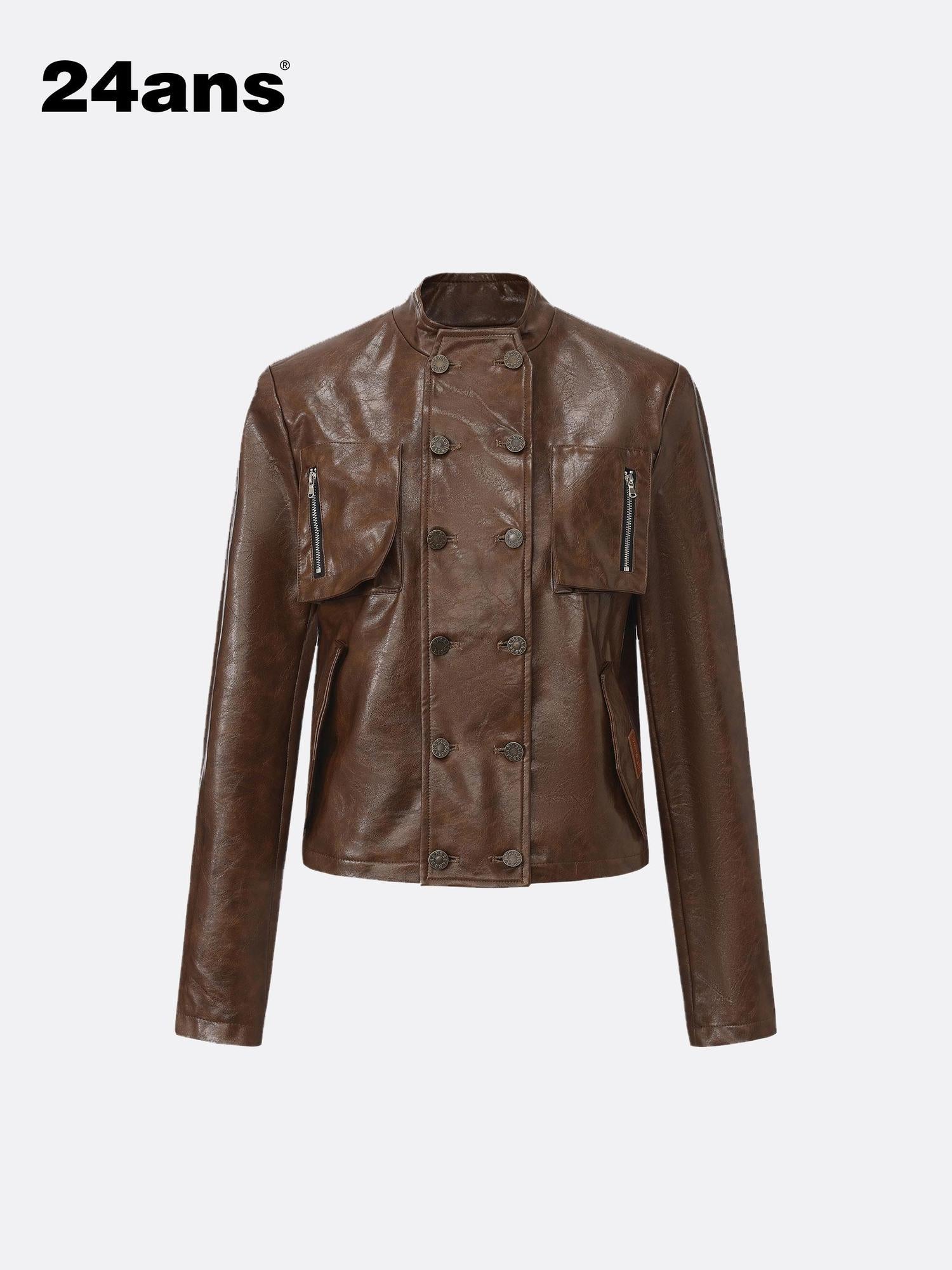 24ans Brown Green Dyed Pu Leather Double Breasted Coat