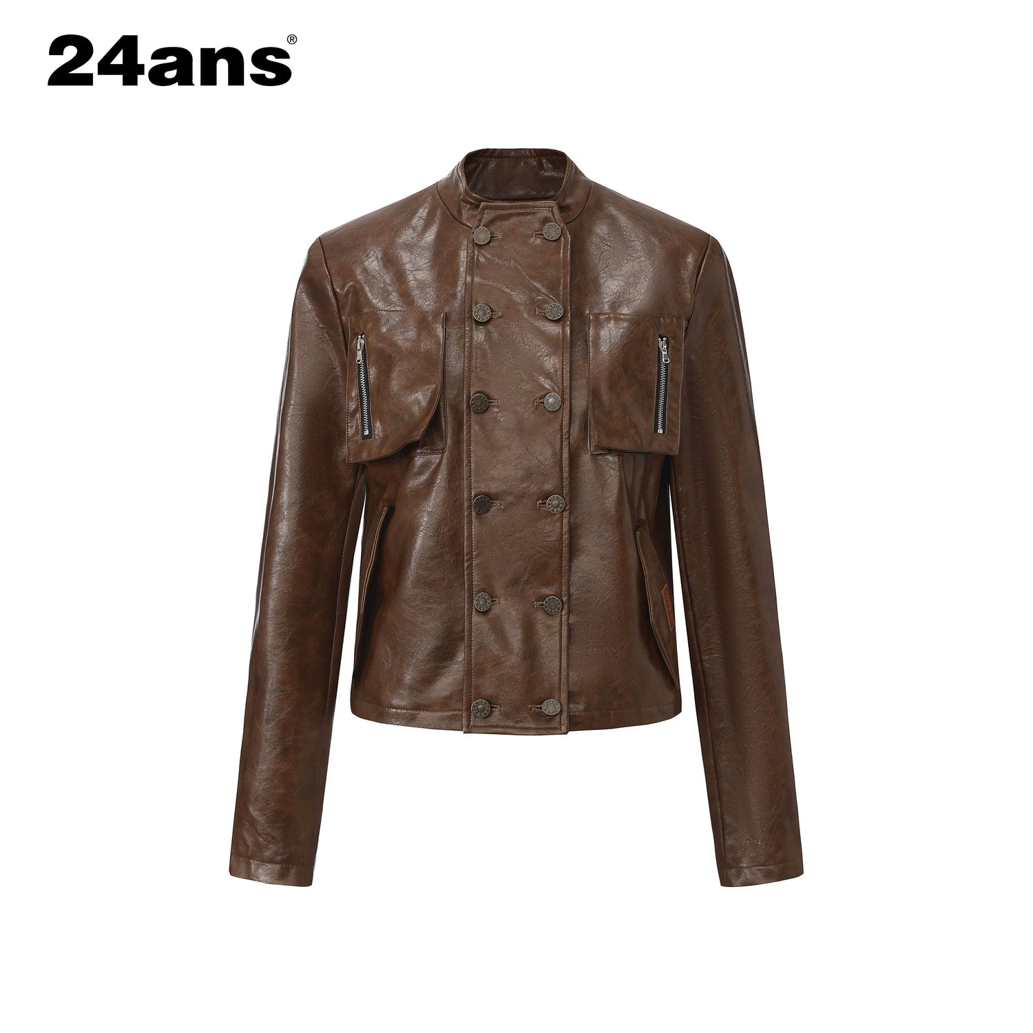 24ans Brown Green Dyed Pu Leather Double Breasted Coat MISSTT