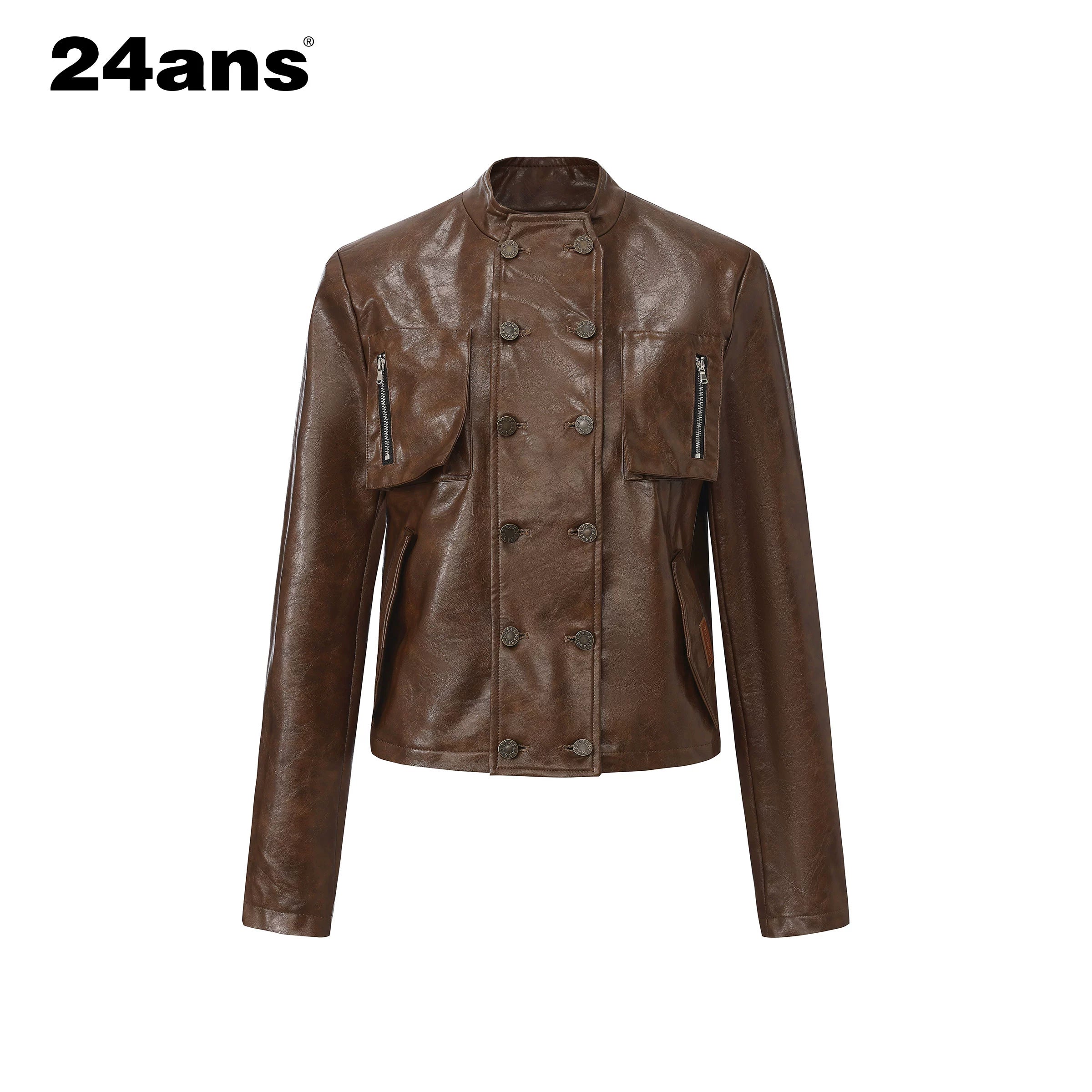 24ans Brown Green Dyed Pu Leather Double Breasted Coat MISSTT