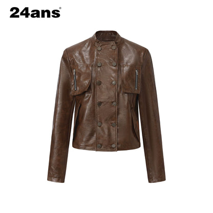 24ans Brown Green Dyed Pu Leather Double Breasted Coat MISSTT