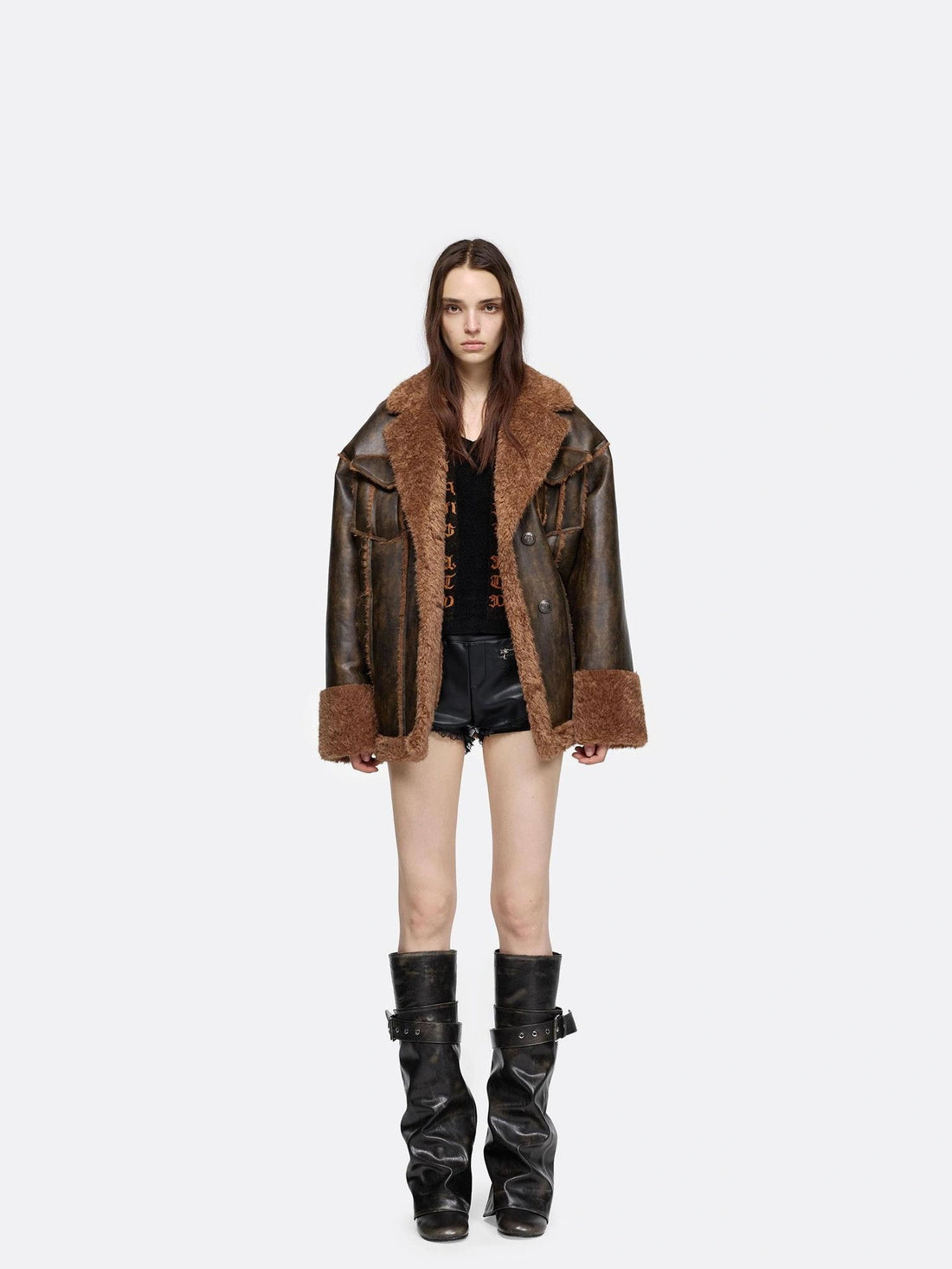 24ans Brown Purple Leather Trimmed Shirt Jacket Jacket