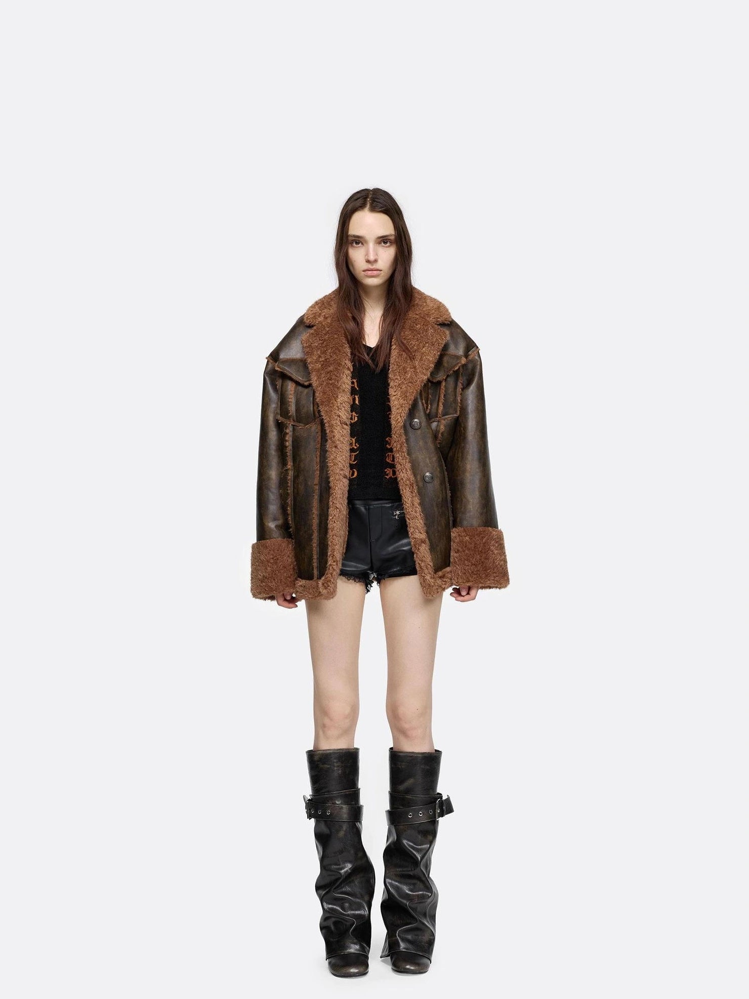 24ans Brown Purple Leather Trimmed Shirt Jacket Jacket