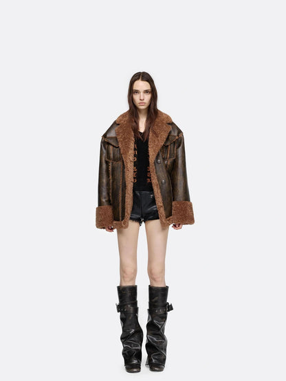 24ans Brown Purple Leather Trimmed Shirt Jacket Jacket