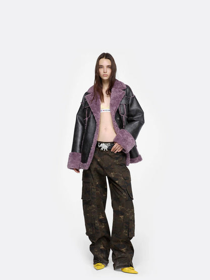 24ans Brown Purple Leather Trimmed Shirt Jacket Jacket