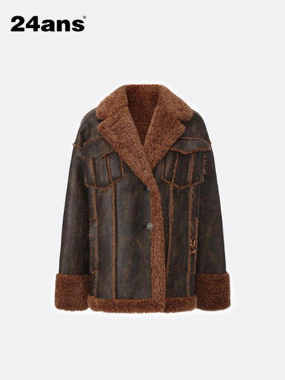 24ans Brown Purple Leather Trimmed Shirt Jacket Jacket