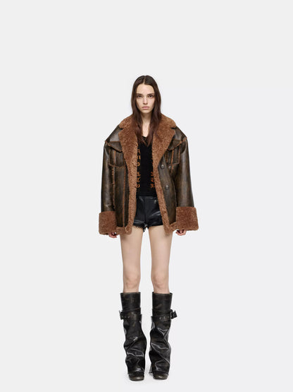 24ans Brown Purple Leather Trimmed Shirt Jacket Jacket-1
