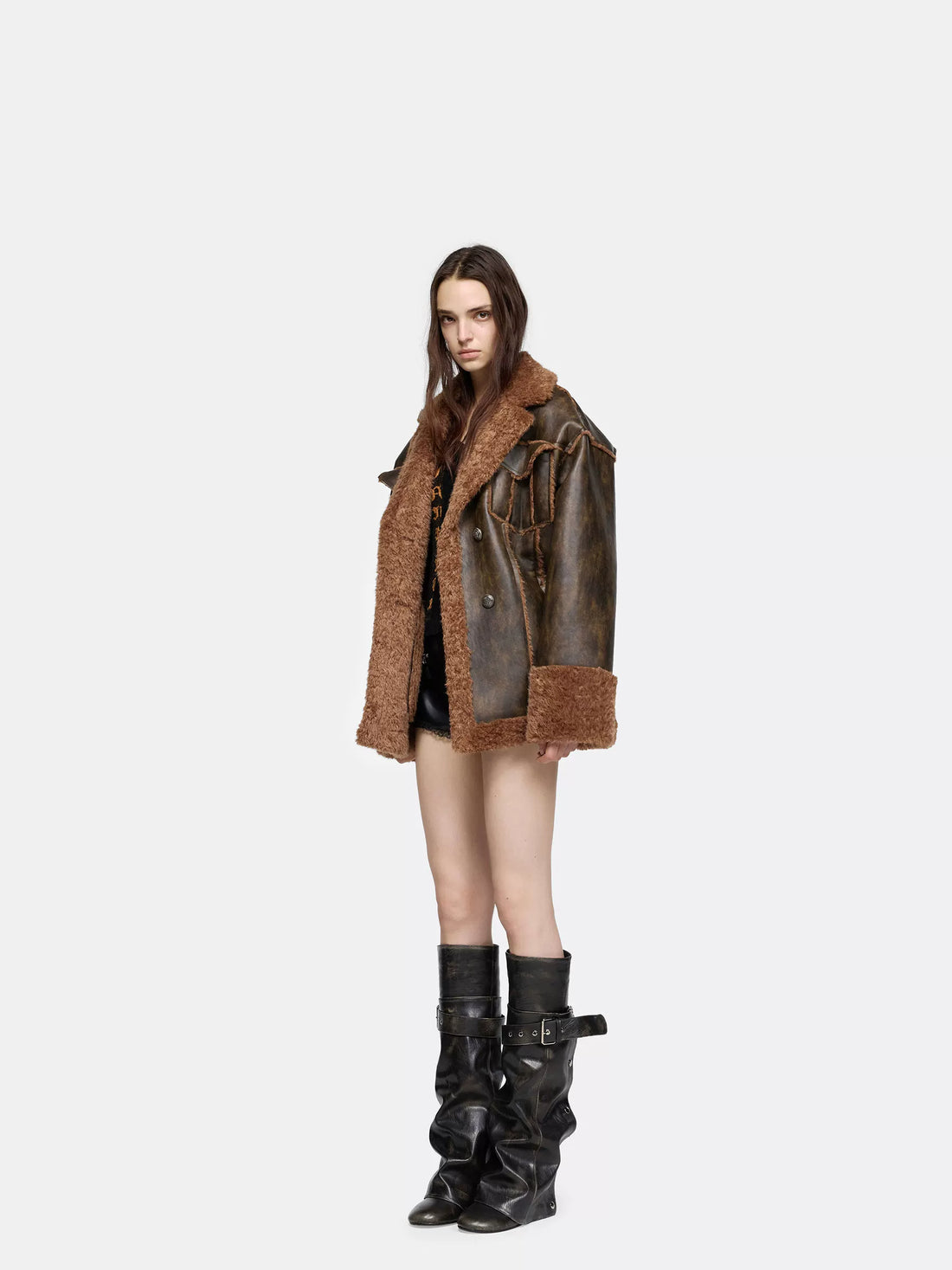 24ans Brown Purple Leather Trimmed Shirt Jacket Jacket-2