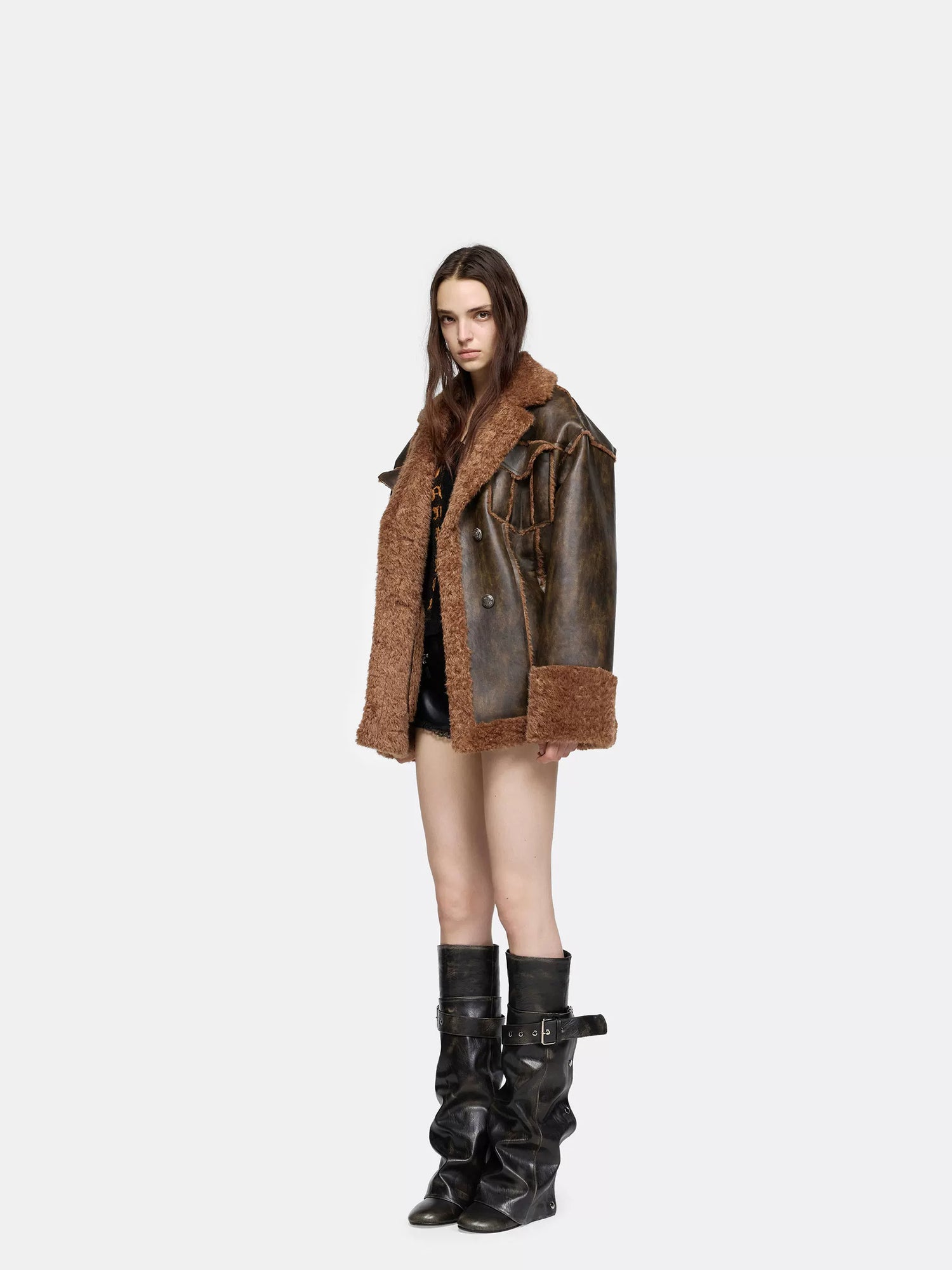 24ans Brown Purple Leather Trimmed Shirt Jacket Jacket-2