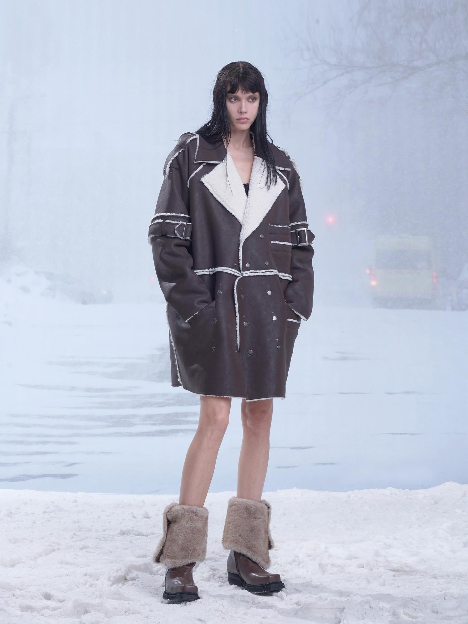 24ans Brown Reversible Lamb Fleece Long Coat