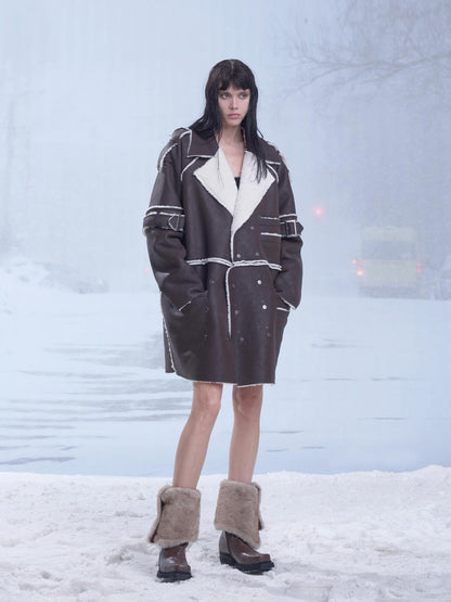 24ans Brown Reversible Lamb Fleece Long Coat
