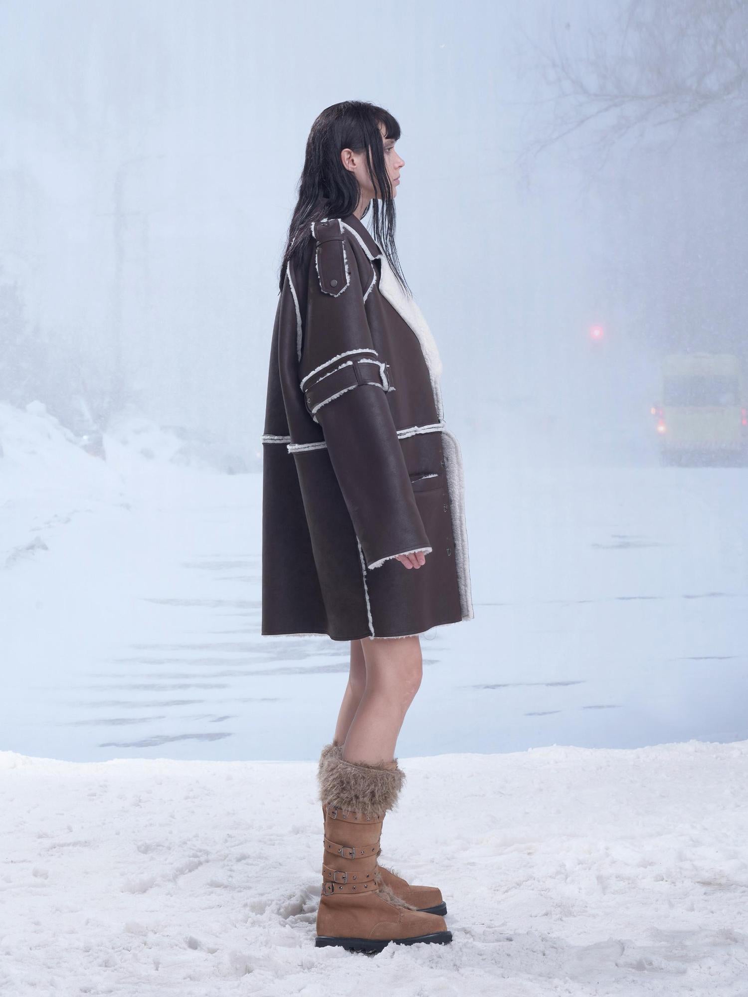 24ans Brown Reversible Lamb Fleece Long Coat