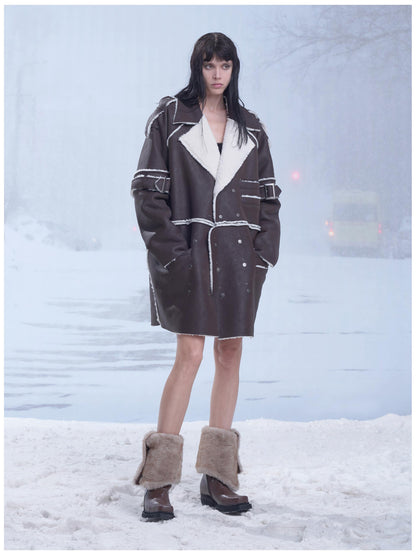 24ans Brown Reversible Lamb Fleece Long Coat