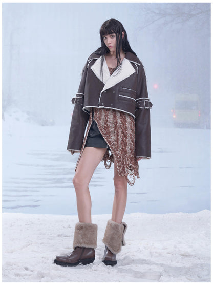 24ans Brown Reversible Lamb Fleece Long Coat