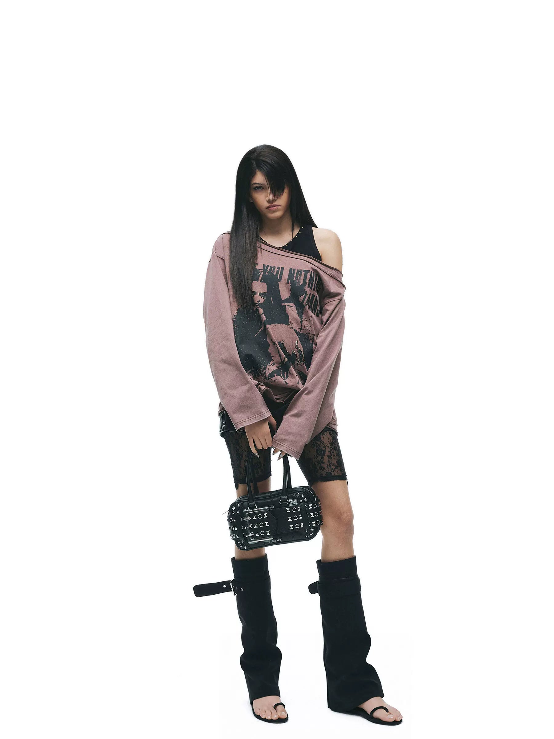 24ans Brown Salt Wash Screen Print Punk Grunge Women&