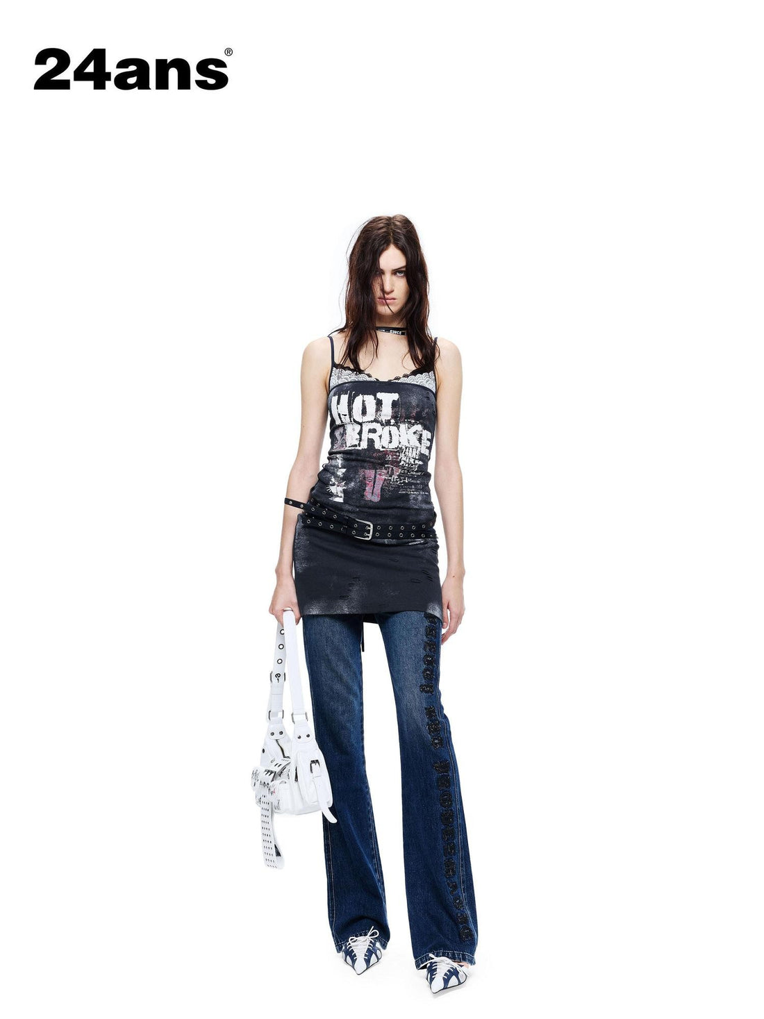 24ans Burnt Floral Distressed Layered Fake Two Piece Women&