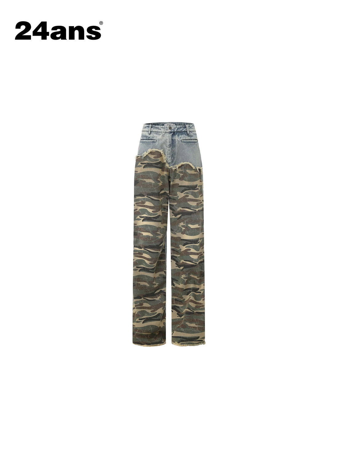24ans Camo Patchwork Ripped Relaxed Waist Stretch Cotton Youth Straight-Leg Jeans-2
