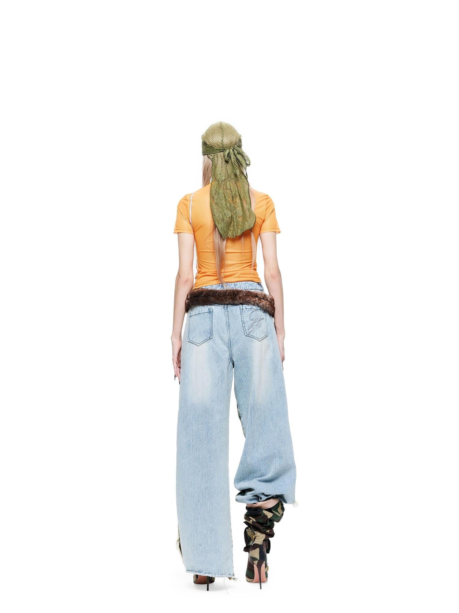 24ans Camo Patchwork Ripped Relaxed Waist Stretch Cotton Youth Straight-Leg Jeans
