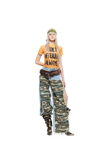 24ans Camo Patchwork Ripped Relaxed Waist Stretch Cotton Youth Straight-Leg Jeans