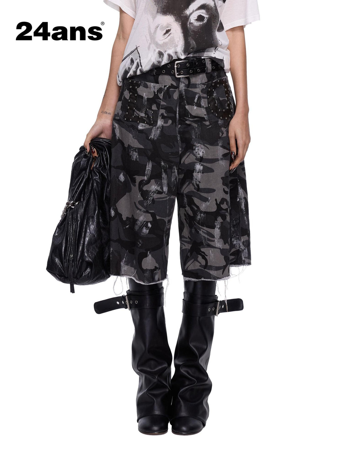 24ans Camo Patchwork Studded Frayed Hem Women&