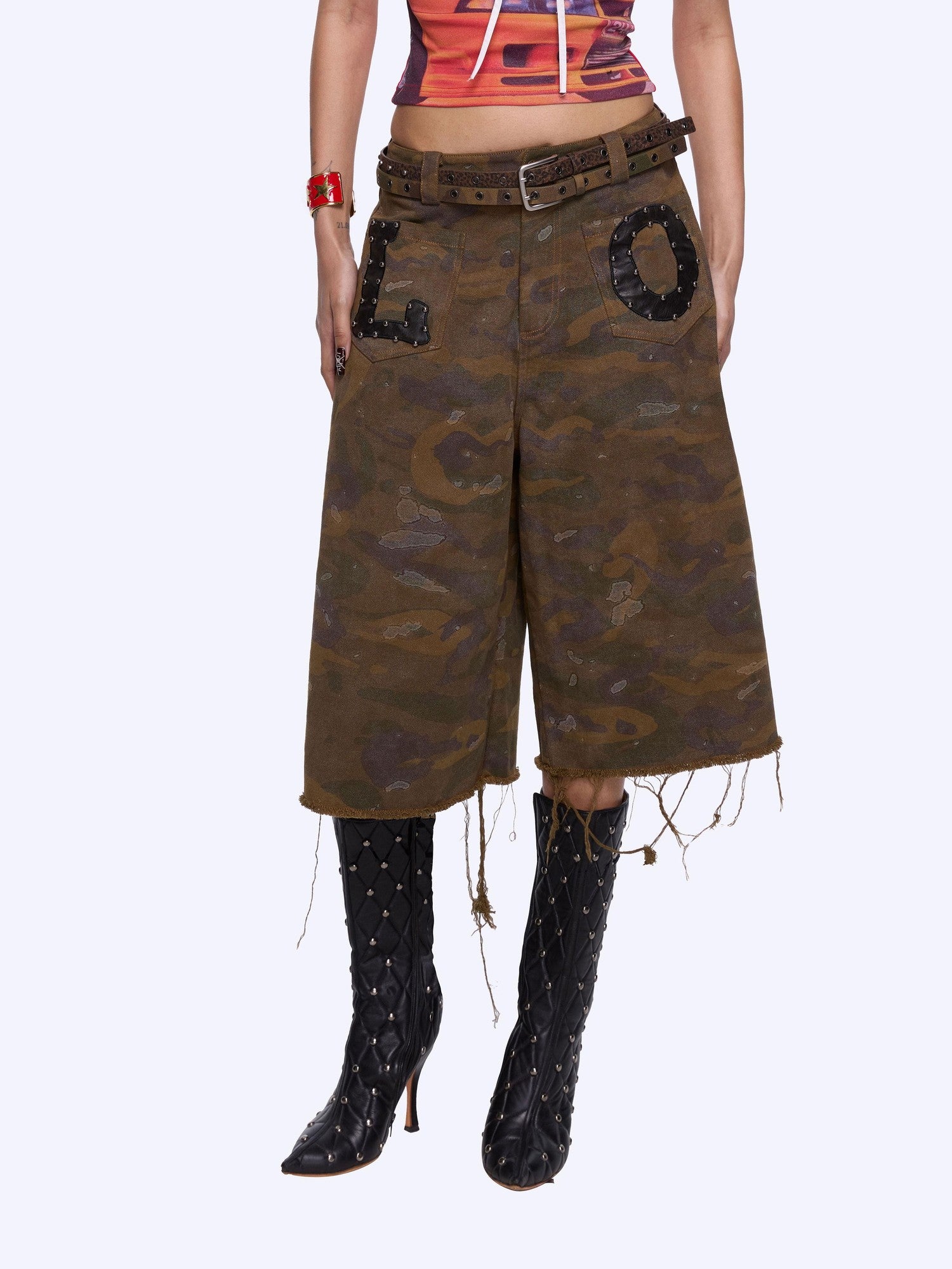 24ans Camo Patchwork Studded Frayed Hem Women&