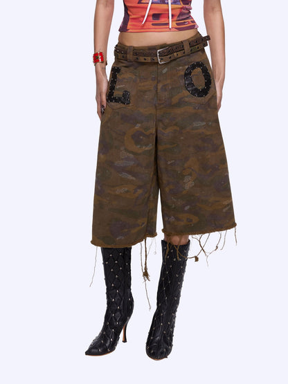 24ans Camo Patchwork Studded Frayed Hem Women&