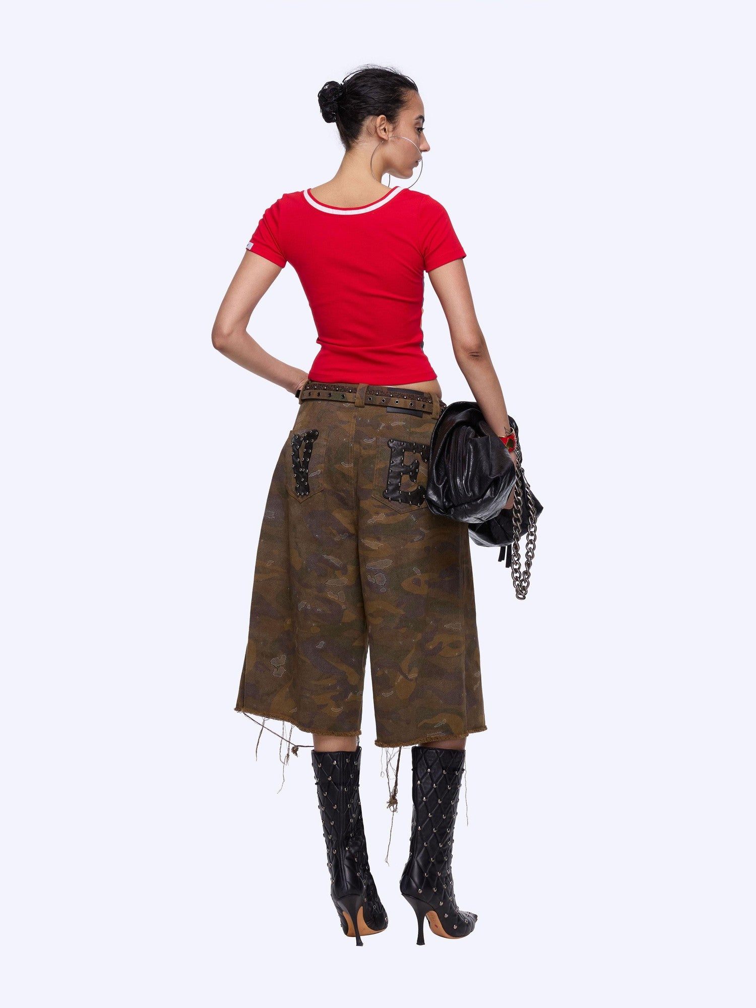 24ans Camo Patchwork Studded Frayed Hem Women&