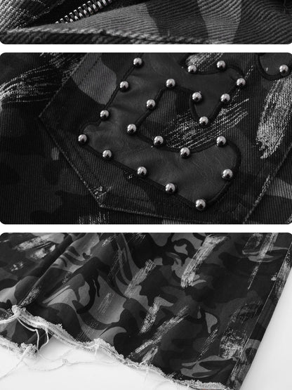 24ans Camo Patchwork Studded Frayed Hem Women&