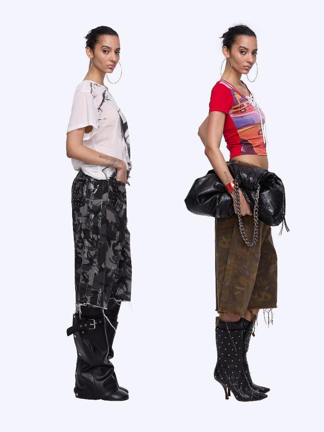 24ans Camo Patchwork Studded Frayed Hem Women&