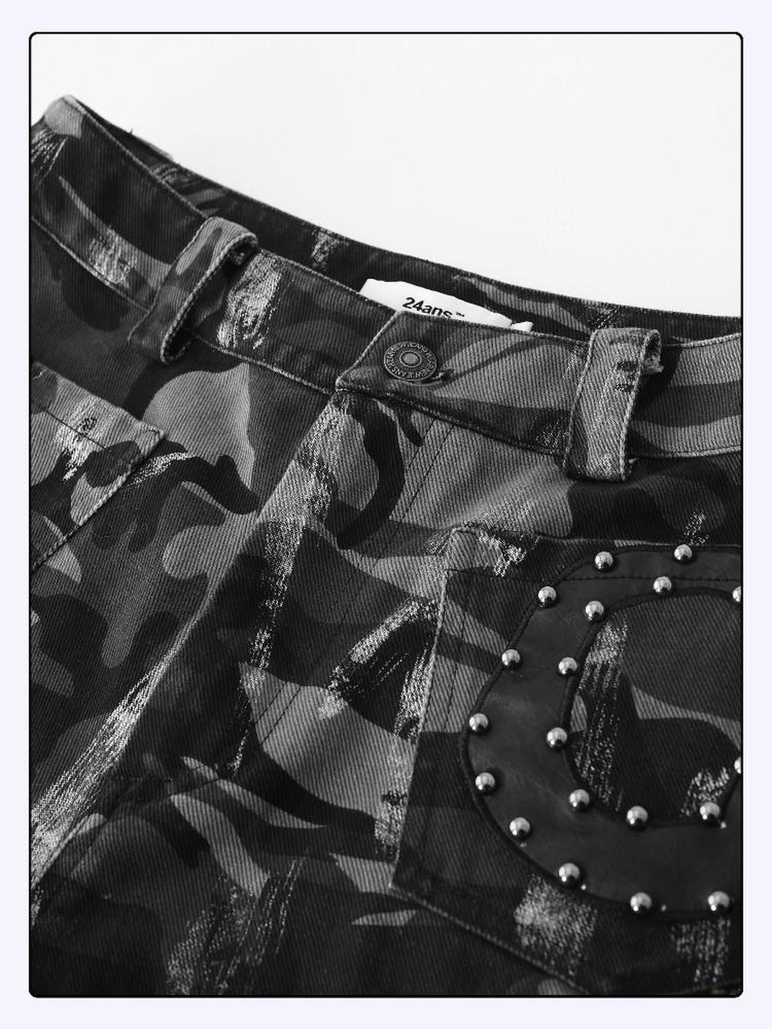 24ans Camo Patchwork Studded Frayed Hem Women&