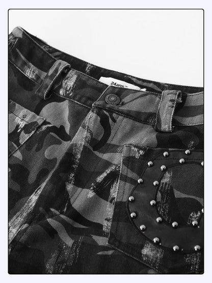 24ans Camo Patchwork Studded Frayed Hem Women&