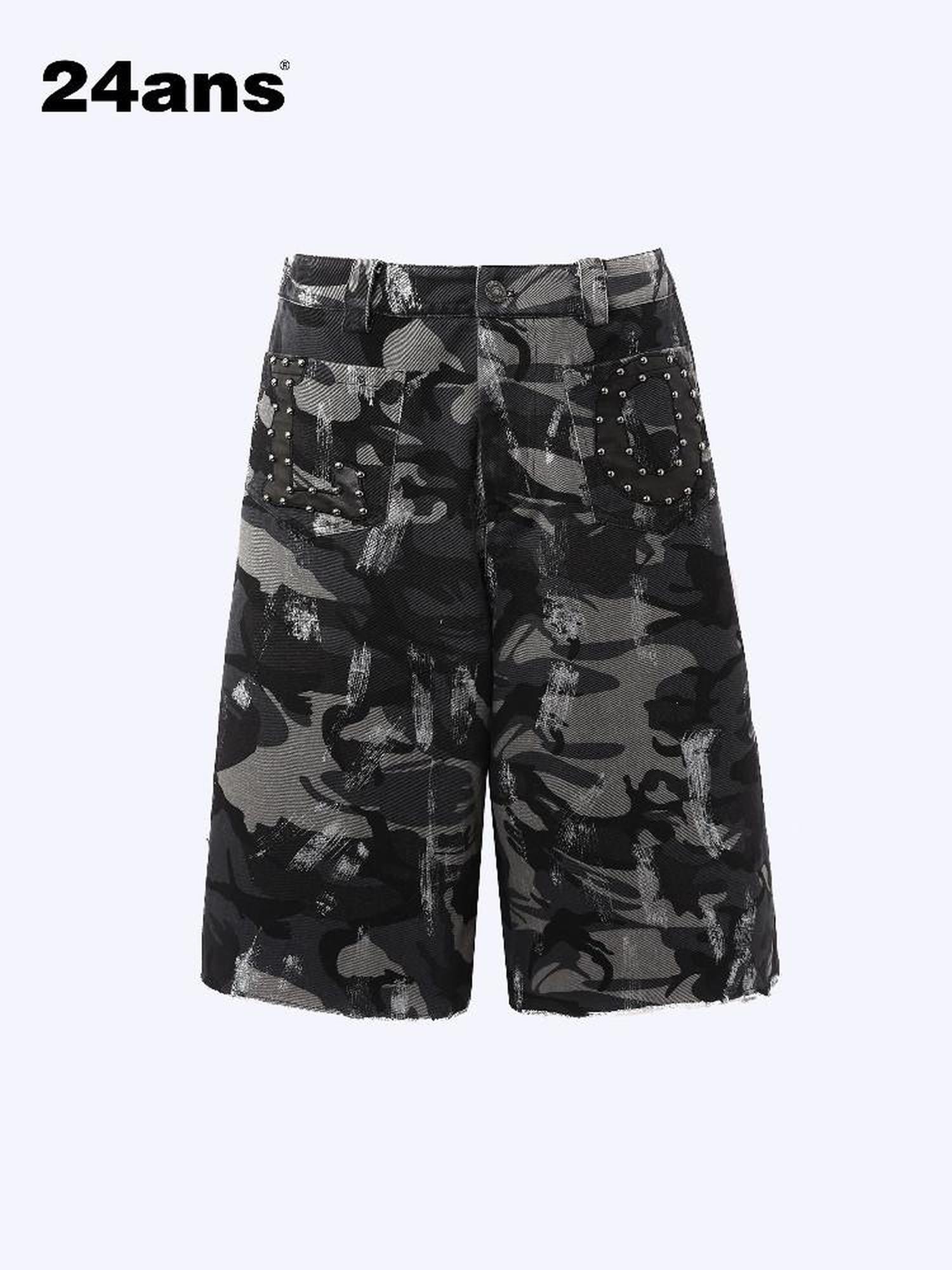 24ans Camo Patchwork Studded Frayed Hem Women&