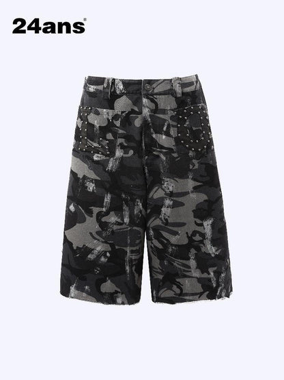 24ans Camo Patchwork Studded Frayed Hem Women&