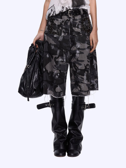 24ans Camo Patchwork Studded Frayed Hem Women&