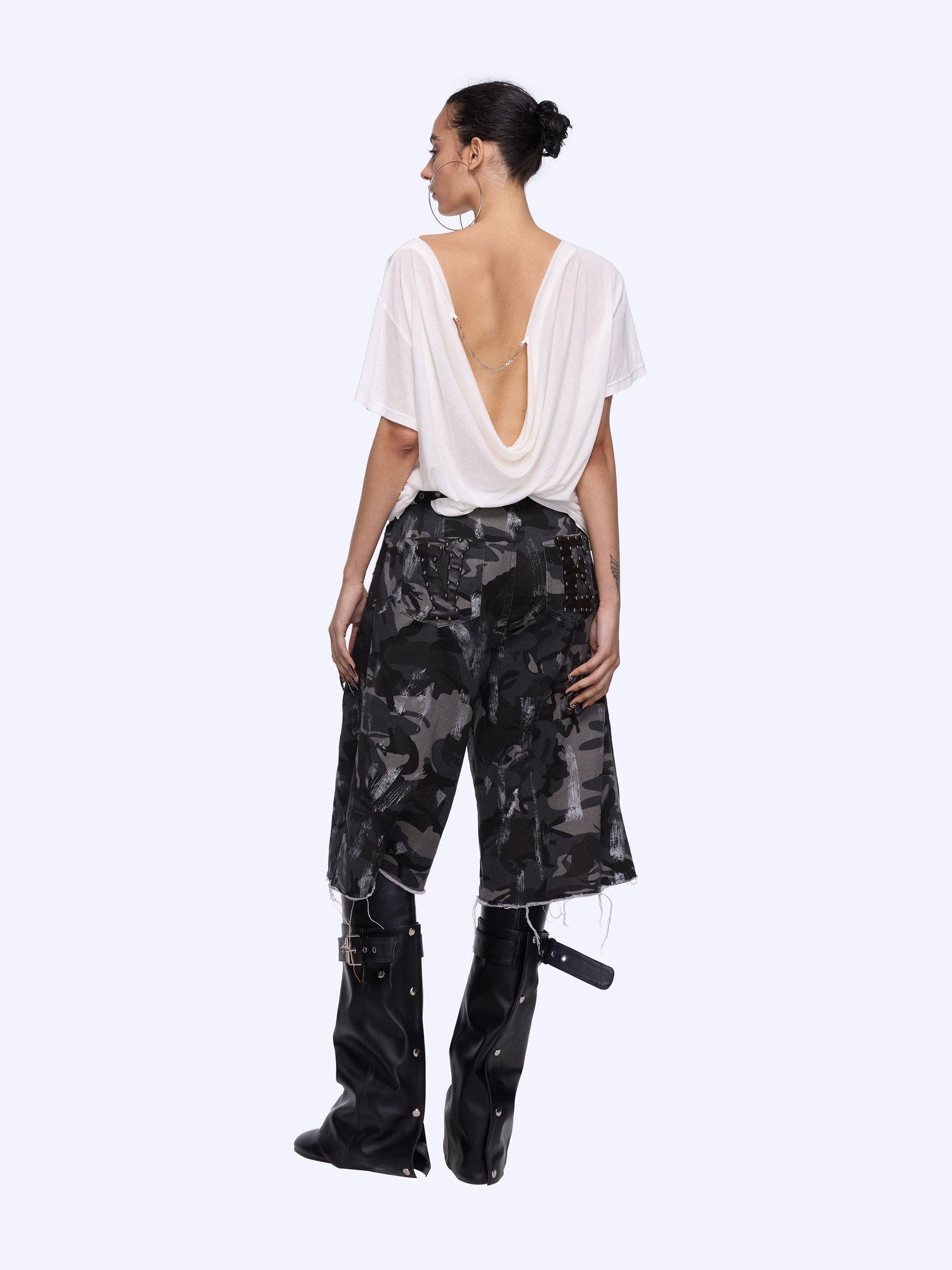 24ans Camo Patchwork Studded Frayed Hem Women&