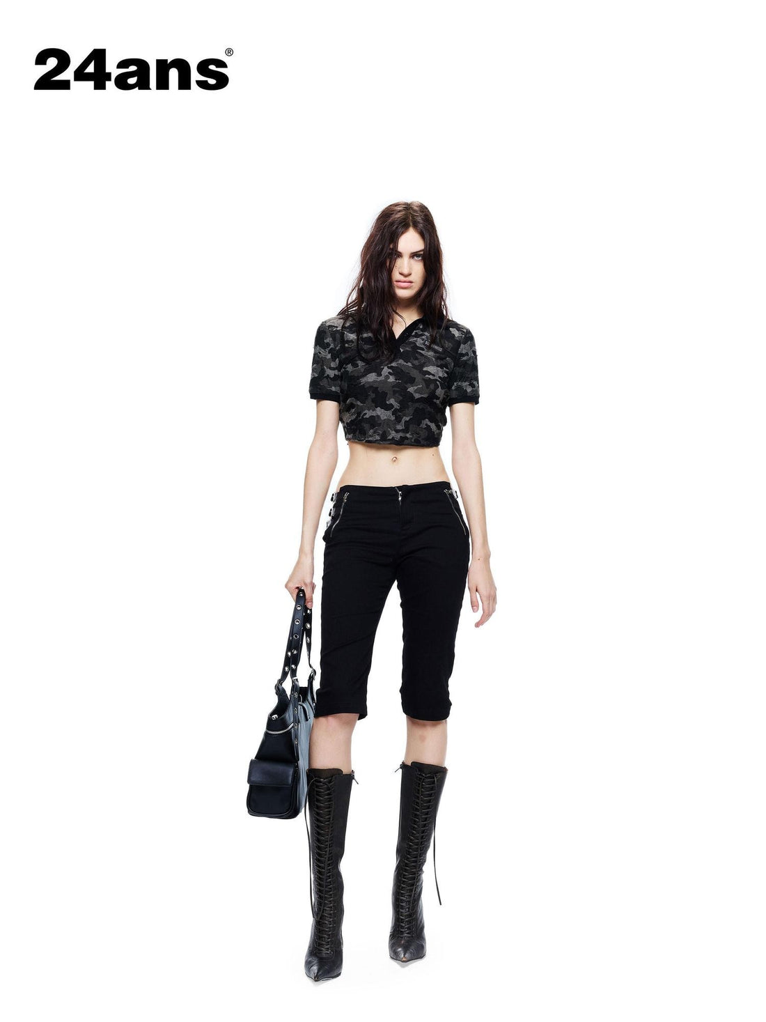 24ans Camouflage Print Jacquard Polo Back Cutout Tie Women&