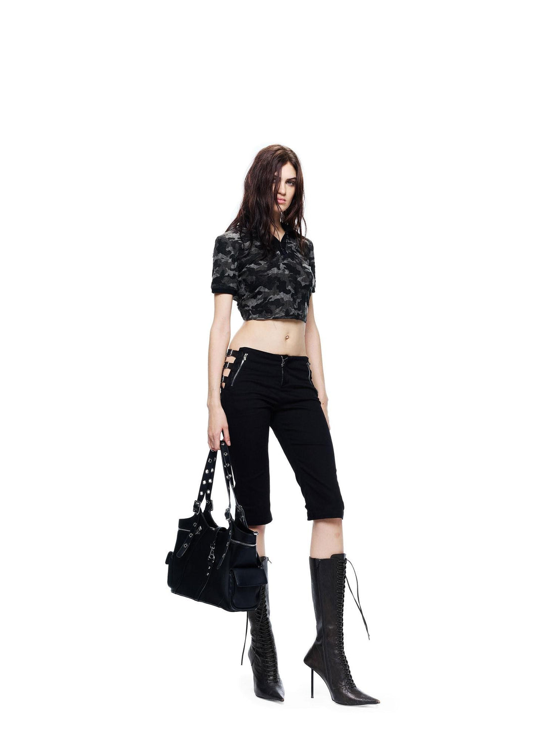 24ans Camouflage Print Jacquard Polo Back Cutout Tie Women&