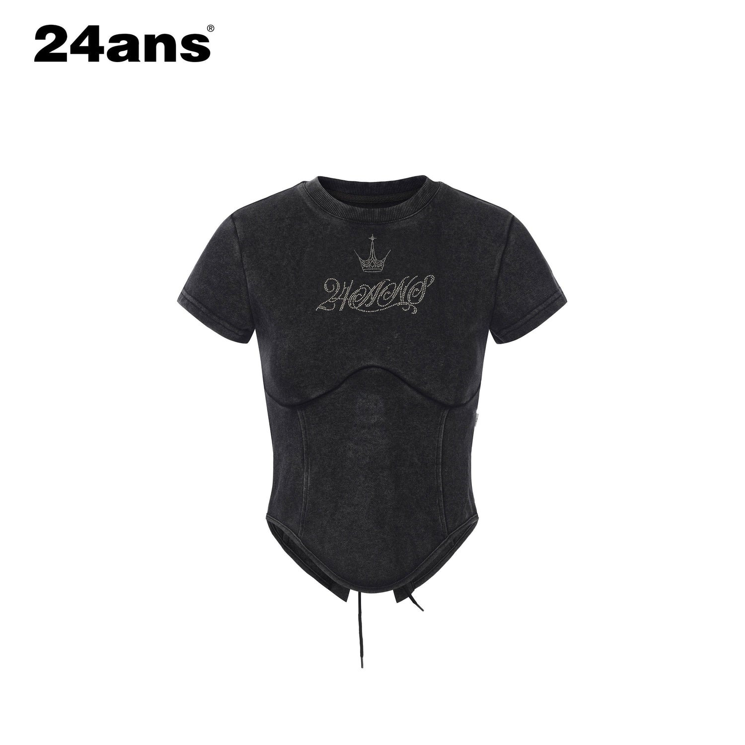 24ans Casual Drawstring High Waist Short Sleeve Letter Print Women Cotton Crop Tops