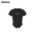 24ans Casual Drawstring High Waist Short Sleeve Letter Print Women Cotton Crop Tops